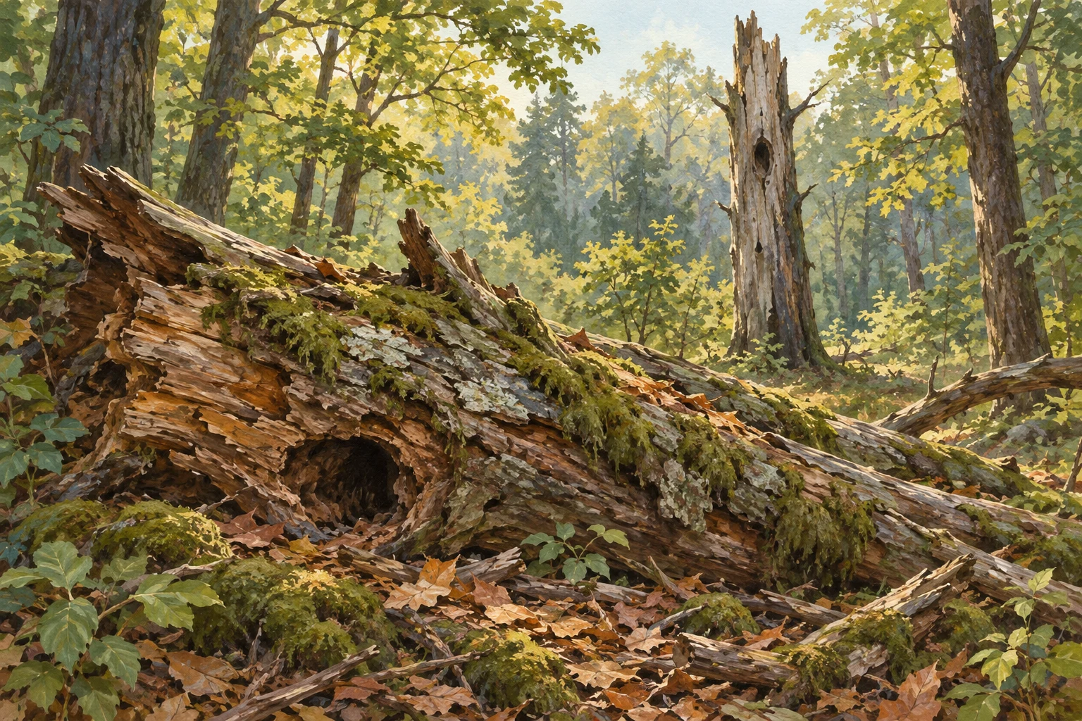 KI-generierte Illustration: Ein liegender Stamm und ein stehender toter Baum in einem erfundenen Wald. Keine dokumentarische Fotografie oder wissenschaftlicher Beleg.
