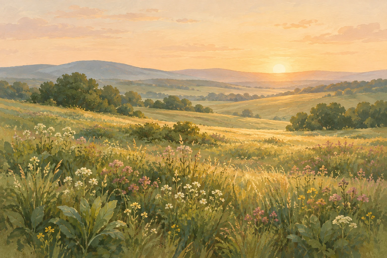 KI-generierte Illustration: Eine ruhige Wiese im Morgengrauen mit Wildblumen, sanftem Gras und warmem Licht. Keine dokumentarische Fotografie oder wissenschaftlicher Beleg.