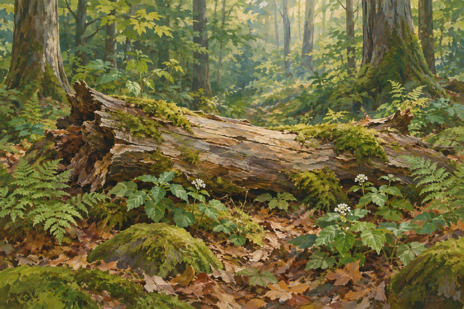 KI-generierte Illustration: Ein gefallener Baumstamm auf einem stillen Waldboden. Keine dokumentarische Fotografie oder wissenschaftlicher Beleg.